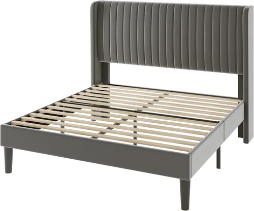 Miniatura 9 de Allewie - Base de cama tamaño Full con cabecera acolchada tapizada en terciopelo y diseño acanalado vertical; plataforma de cama tapizada; listones