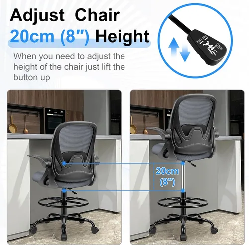Miniatura 6 de Silla de dibujo alta de oficina con reposabrazos abatibles, altura ajustable, soporte lumbar mejorado, taburete ergonómico con ruedas, soporte