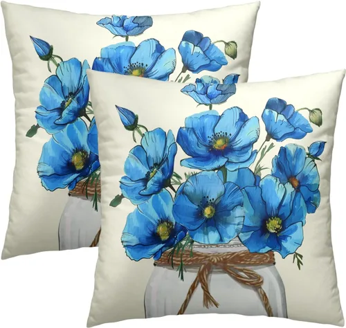 Miniatura 9 de Juego de 2 fundas de cojín decorativas con bandera americana y flores de amapola roja y azul, 16 x 16 pulgadas, fundas cuadradas para sofá, sillón