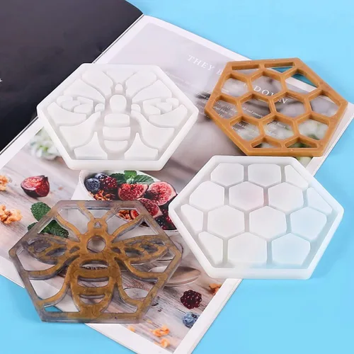 Miniatura 6 de Paquete de 2 moldes hexagonales de resina de silicona de grado alimenticio para fundición epoxi, soporte para tazas de automóvil, bandeja de ágata