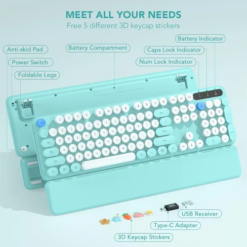 Miniatura 9 de Teclado inalámbrico, teclas redondas, teclado de máquina de escribir retro con reposamuñecas desmontable, modo de suspensión, patas plegables, Azul