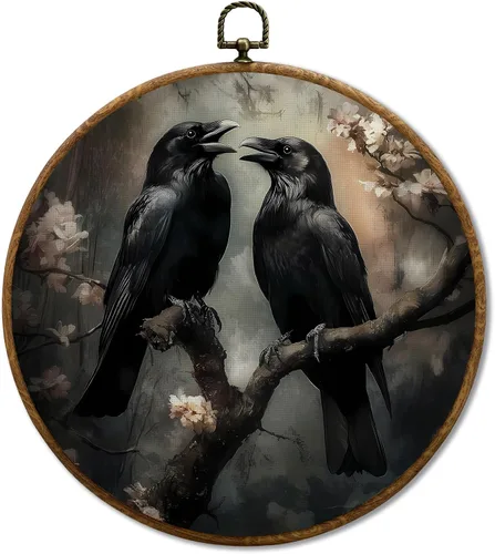 Miniatura 17 de JUIOEIU Decoración de pared redonda de búho de hongo con núcleo de cabaña, impresiones en lienzo enmarcadas con diseño de búho lluvioso oscuro