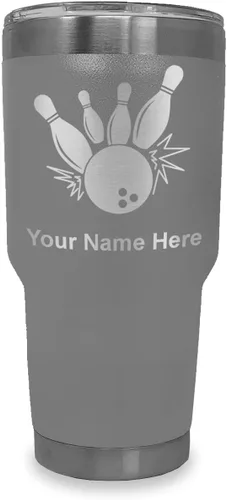 Miniatura 20 de LaserGram Vaso aislado al vacío de 20 onzas, bola de boliche y alfileres, grabado personalizado incluido (negro)