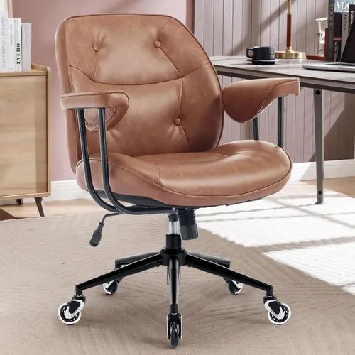 Miniatura 12 de Silla de escritorio de oficina en casa, silla retro de piel sintética con soporte lumbar y ruedas de goma, silla ergonómica de computadora