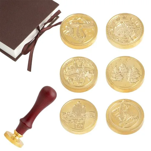 Miniatura 9 de Juego de sellos de cera de cobre, 6 sellos de cera, 1 mango de madera, kit de sellos de cera de sellado clásico, frases de felicitación