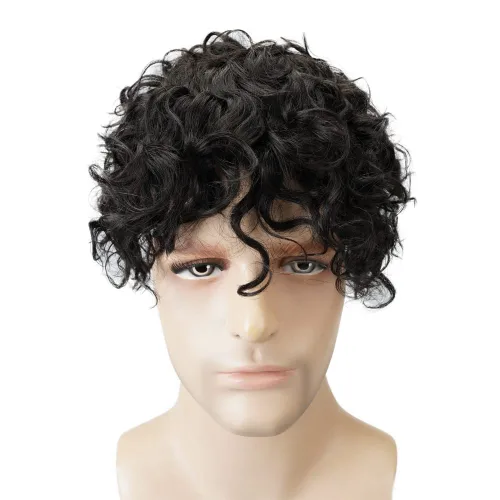 Miniatura 5 de Lordhair Mens Weave 6 * 8 "unidad de cabello humano negro 0.787 in rizado sistema de cabello para hombre con 1" PU recubierto perímetro toupee