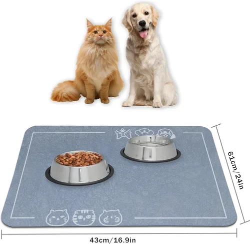 Miniatura 7 de YCT Tapete de comida para mascotas, parte inferior antideslizante, absorbente, de secado rápido, tapete de alimentación para gatos y perros, Gris