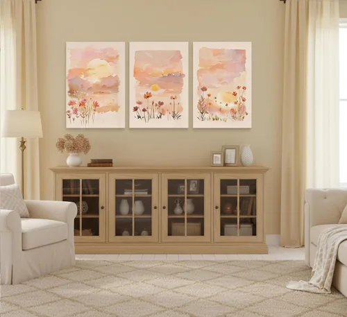 Miniatura 3 de 3 piezas de lienzo de amanecer para pared, flores silvestres rosas rubor, flores silvestres florales y naranjas, acuarela, pinturas de paisaje