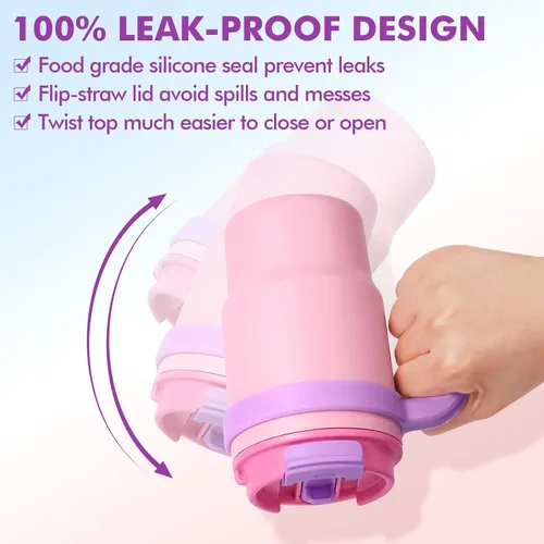 Miniatura 5 de Fimibuke Vaso aislado para niños de 16 onzas con asa y pajillas, paquete de 2 vasos de acero inoxidable 18/8 sin BPA con tapas 2 en 1, a prueba