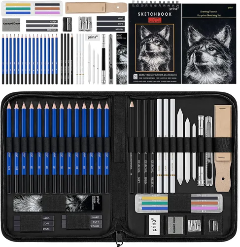 Prina Paquete de 50 kits de dibujo para bocetos, suministros de boceto con cuaderno de bocetos de 3 colores, grafito y carbón, kit de dibujo