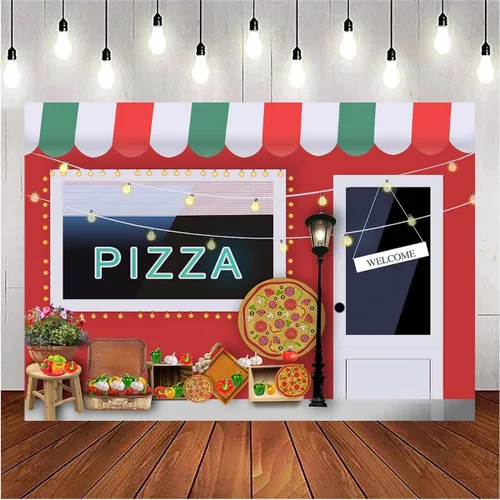 Miniatura 3 de Fondo de fotografía de pizzería 1er cumpleaños, decoración de fiesta de pizza, telón de fondo para niñas y niños, tema de cocina, fondo de fiesta