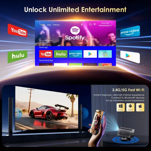 Miniatura 3 de Proyector con WiFi y Bluetooth, enfoque eléctrico y Keystone vertical, soporte HD 4K de 1080P, proyector inteligente con aplicaciones de transmisión