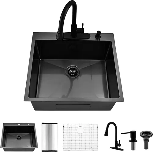 Fregadero utilitario negro, 25 x 22 x 12 pulgadas de profundidad, acero inoxidable negro con grifo y dispensador de jabón, lavabo de montaje
