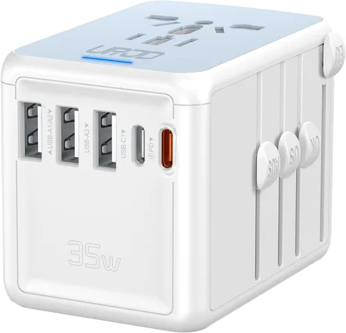 Miniatura 9 de Adaptador de viaje universal, carga rápida PD de 35 W y 2 USB C 3 USB A y salida de CA de 2500 W, adaptador de corriente internacional para Europa