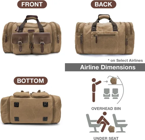 Miniatura 4 de Wildroad Bolsa de lona de viaje de 50 litros, bolsa de lona expandible de cuero genuino mejorada para el fin de semana durante la noche, Café