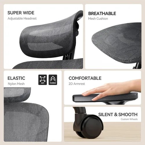 Miniatura 3 de NOBLEWELL Silla de oficina ergonómica de malla con ajuste flexible, soporte lumbar, silla de computadora de escritorio con respaldo alto