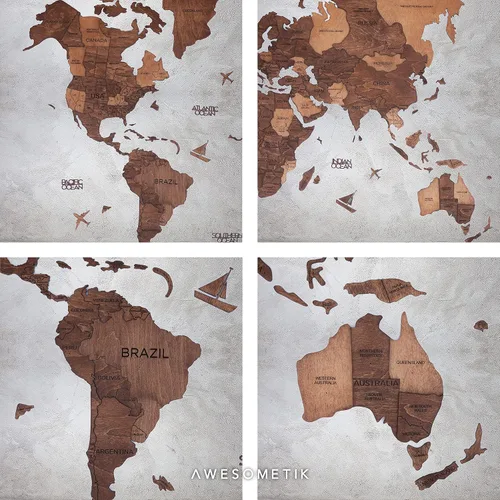 Miniatura 6 de AWESOMETIK Mapa del mundo de madera 3D de roble, mapa del mundo 3D, fácil instalación con cinta de doble cara, incluye complementos, madera