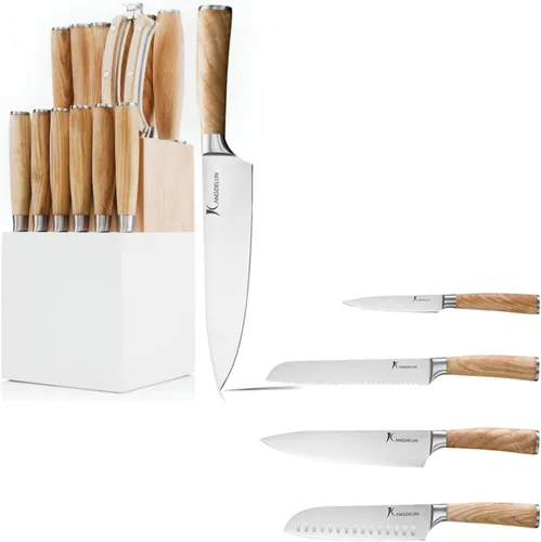 Kangdelun Juego de 15 cuchillos y 4 cuchillos de chef, con caja de regalo, acero inoxidable de alto carbono ultra afilado, mango de madera