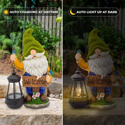 Miniatura 3 de Olekki Gnomos de jardín de Navidad para exteriores, estatua de gnomo flocada con luces LED solares Gnomos decoraciones de jardín para patio, Gnomo