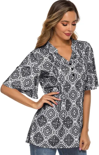 Miniatura 4 de HOCOSIT - Camiseta de manga corta con olanes y cuello en V con estampado de flores, plisada y abotonada, para mujer