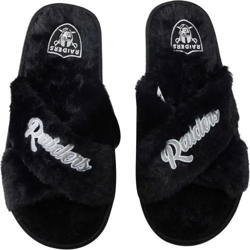 Miniatura 23 de FOCO Pantuflas deslizantes cruzadas mullidas con logotipo de texto del equipo NFL para mujeres