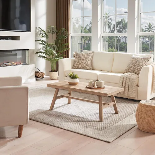 Miniatura 3 de Wnutrees - Mesa de café de 43" de madera maciza estilo casa de campo, mesa central rústica rectangular para sala de estar, natural