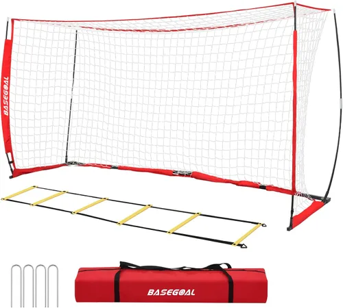 Miniatura 9 de BaseGoal Portería de Fútbol, Red de Fútbol, Porterías de Fútbol para Patio Trasero, con Marco de Lazo, Base Metálica Plegable y Escalera de Agilidad