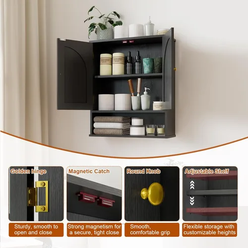 Miniatura 6 de Armario de medicina, gabinete de almacenamiento sobre el inodoro, armario de pared de baño con puertas arqueadas y estantes ajustables, gabinete