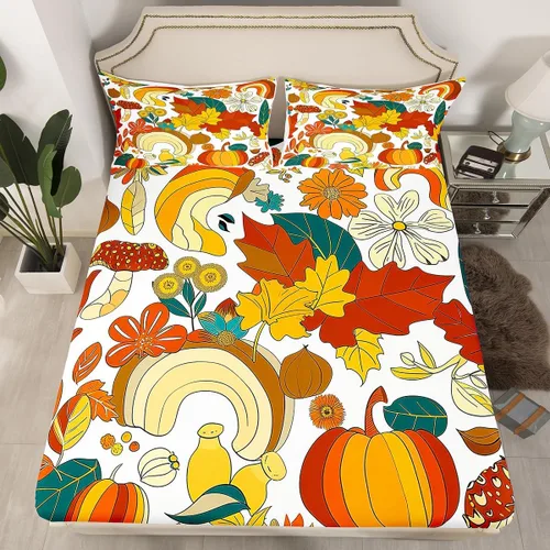 Juego de sábanas ajustadas estilo 70s hippie retro para cama individual, juego vintage de otoño con hojas florales para niños y niños, juego de ropa