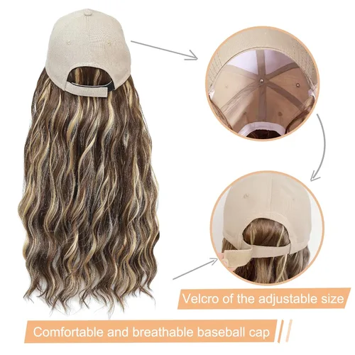Miniatura 4 de Gorra de béisbol con peluca de cabello largo ondulado natural, con gorra, resistente al calor, mezcla sintética marrón rubio, fibras ajustables