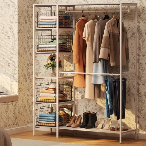 Miniatura 8 de Jakyitvi Estante organizador de armario apilable de 5 niveles – Contenedores de almacenamiento de metal plegables para ropa, suéteres y toallas