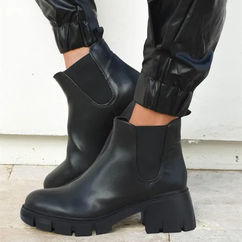Miniatura 6 de Botas de estilo botas de combate de cuero y con plataforma y tacón grueso, tipo Chelsea, para mujer, hasta el tobillo