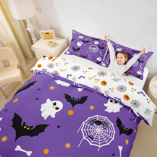 Miniatura 3 de Juego de ropa de cama de Halloween, funda de edredón gótica de murciélagos negros con telarañas, funda de edredón individual, diseño de arañas