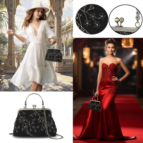 Miniatura 23 de Bolso floral con asa superior, bolso de noche Kiss Lock para mujer, bolso vintage