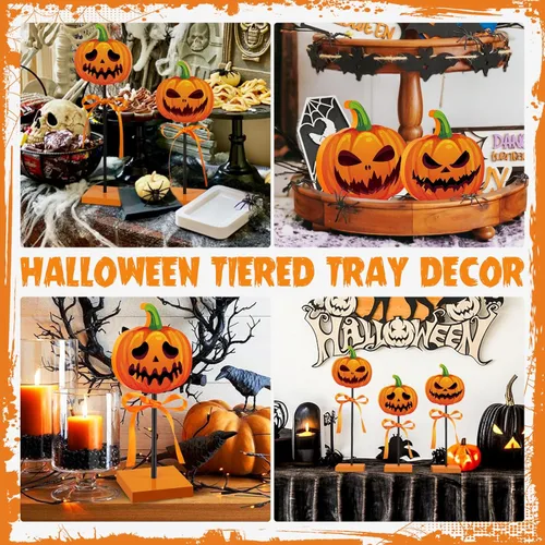 Miniatura 7 de 3 piezas de decoración de bandeja escalonada de Halloween, calabaza de madera, decoración de Halloween, letrero aterrador para interiores