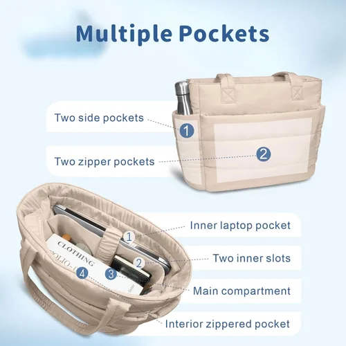 Miniatura 7 de TOPDesign Bolsa Tote Acolchada para Mujer, Bolso de Mano Ligero Inflado con Compartimentos, Bolsa de Hombro Acolchada para Trabajo, Viajes, Gimnasio