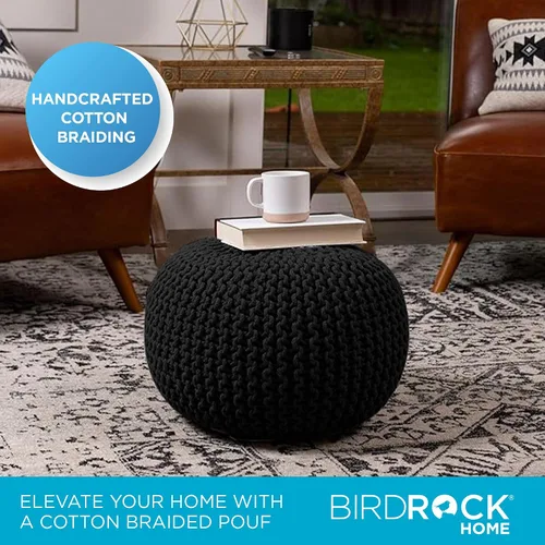 Miniatura 4 de BIRDROCK HOME Puf redondo otomano Taburete de pie trenzado de algodón con relleno de bolsa de frijoles Reposapiés bohemio para sala de estar