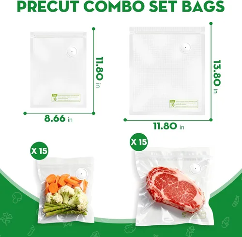 Miniatura 2 de Bolsas reutilizables selladoras al vacío para alimentos, 30 bolsas pequeñas (8.7 x 11.8 pulgadas, 11.8 x 13.8 pulgadas), congelador, microondas