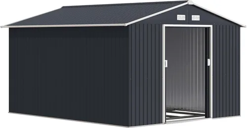 Miniatura 29 de Outsunny Cobertizo de almacenamiento exterior de 11' x 13', cobertizo de metal para herramientas de jardín con kit de cimentación, puerta con doble