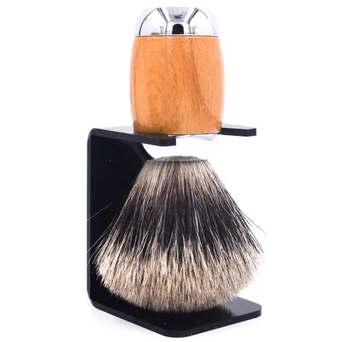 Miniatura 2 de Taconic Shave Cepillo de afeitar de lujo 100% de tejón puro de 3 bandas con madera de haya de lujo y mango cromado, soporte de afeitado incluido