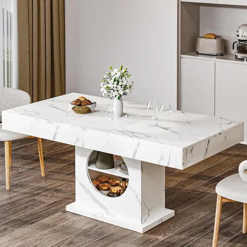 Mesa de comedor de 55 pulgadas para 4 a 6 personas, mesa de comedor de madera de granja con cajones y almacenamiento abierto para cocina, comedor y