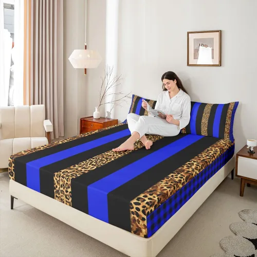 Miniatura 2 de Manfei Leopard Print Fitted Sheet Twin Size,Blue Brown Black Stripes Bedding Set 2pcs,Wild Animal Cheetah Skin Bed Sheets with 1 Pillowcase,Kids