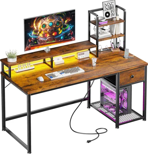 Miniatura 11 de Escritorio para juegos de 44 pulgadas con gabinete y cajones, escritorio reversible para computadora con estante para monitor, escritorios