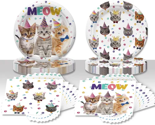 40 piezas de suministros para fiesta de cumpleaños de gatos, decoraciones de fiesta de cumpleaños para gatos, platos y servilletas, suministros de