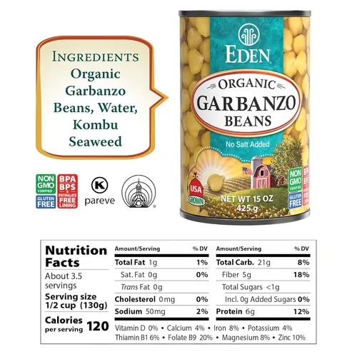 Miniatura 2 de Eden Garbanzos orgánicos, garbanzos, lata de 15 onzas (paquete de 12), sin sal añadida, sin OMG, sin gluten, vegano, kosher, cultivado en Estados
