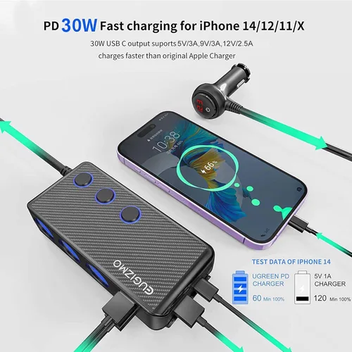 Miniatura 2 de EUGIZMO Divisor de enchufe para encendedor de cigarrillos, 200 W, 3 enchufes, adaptador de encendedor de cigarrillos USB, cable de extensión