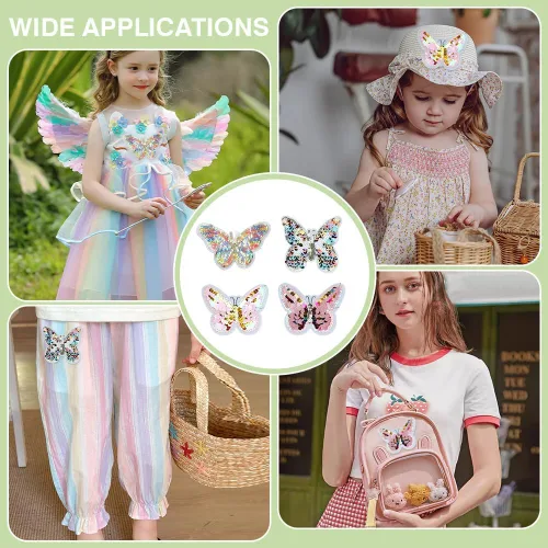 Miniatura 6 de FINGERINSPIRE 8 parches de bordado de mariposa de lentejuelas, 4 estilos, parches de apliques de mariposa para planchar o coser, parches de tela