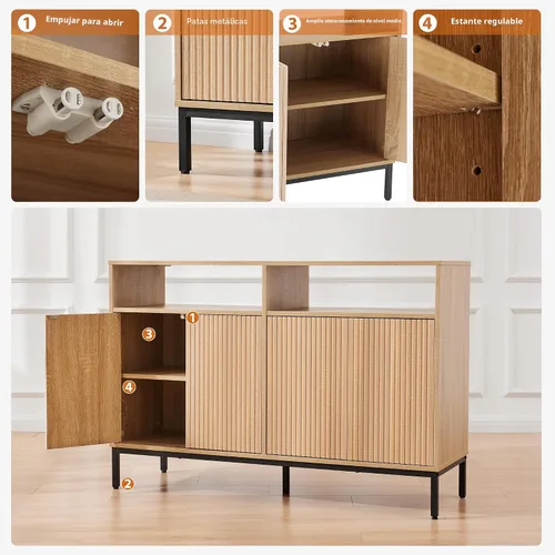 Miniatura 4 de Mericonia Aparador Buffet de Granja con Almacenamiento, Barra de Café Acanalada con Puertas y Estantes Ajustables, Gabinete de Consola de Madera A