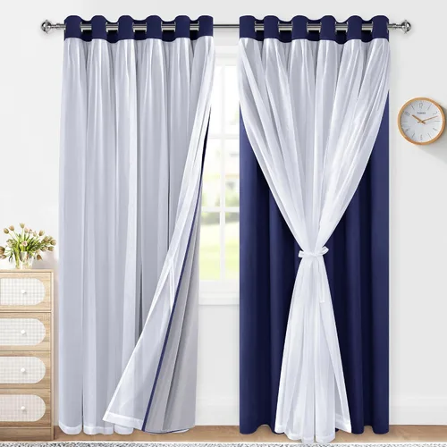 Miniatura 18 de XWZO Cortinas 100% opacas de doble capa para guardería, cortinas opacas con superposición transparente para dormitorio de niñas, cortinas