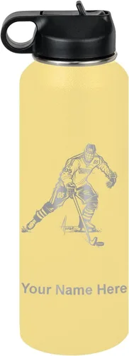 Miniatura 70 de LaserGram Botella de agua personalizada, jugador de hockey, acero inoxidable de doble pared aislada al vacío con popote superior, regalo grabado